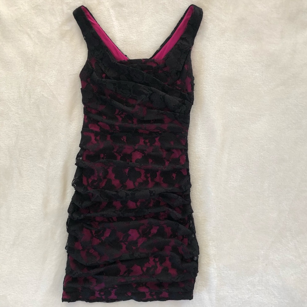 Express black lace overlay pink lined dress